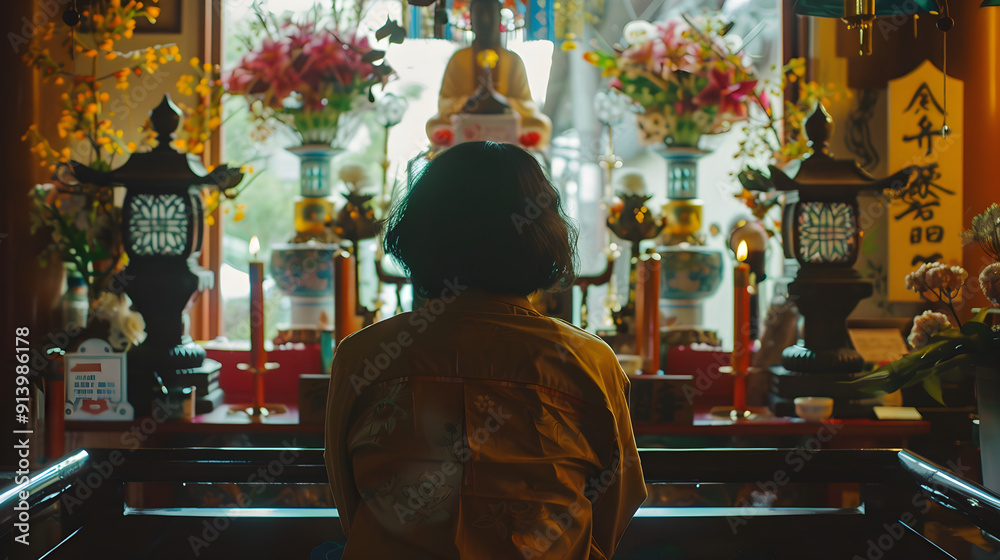 Fototapeta premium Person kneeling in front of a shrine, hands clasped in prayer, surrounded by peaceful ambiance.