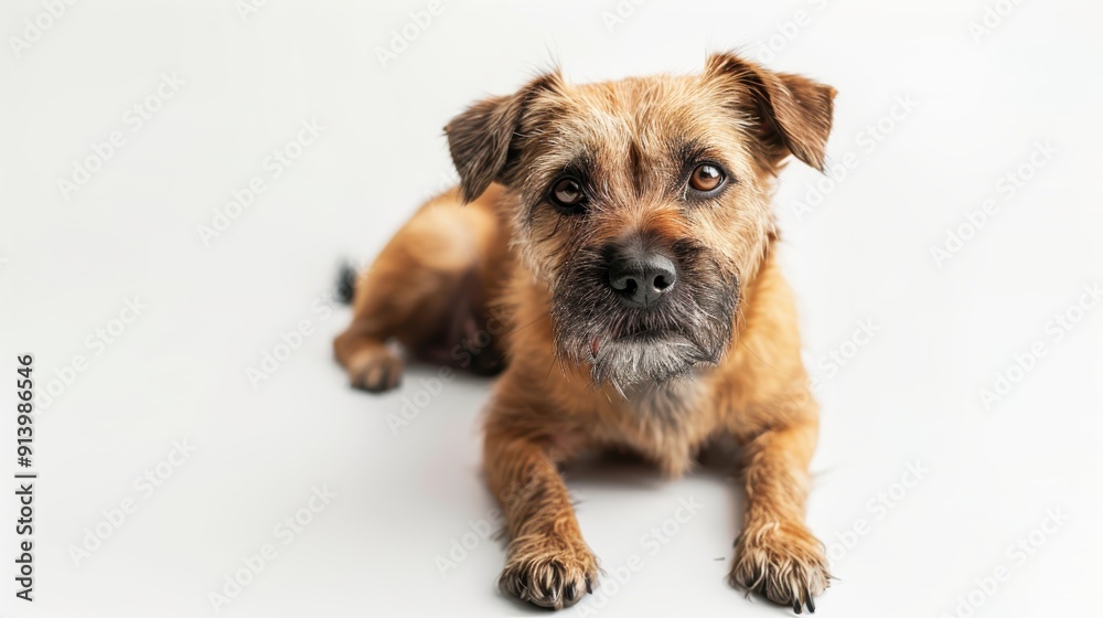 Border terrier dog lying on white background and looking with its big brown eyes Border terrier dog lying on white background and looking with its big brown eyes