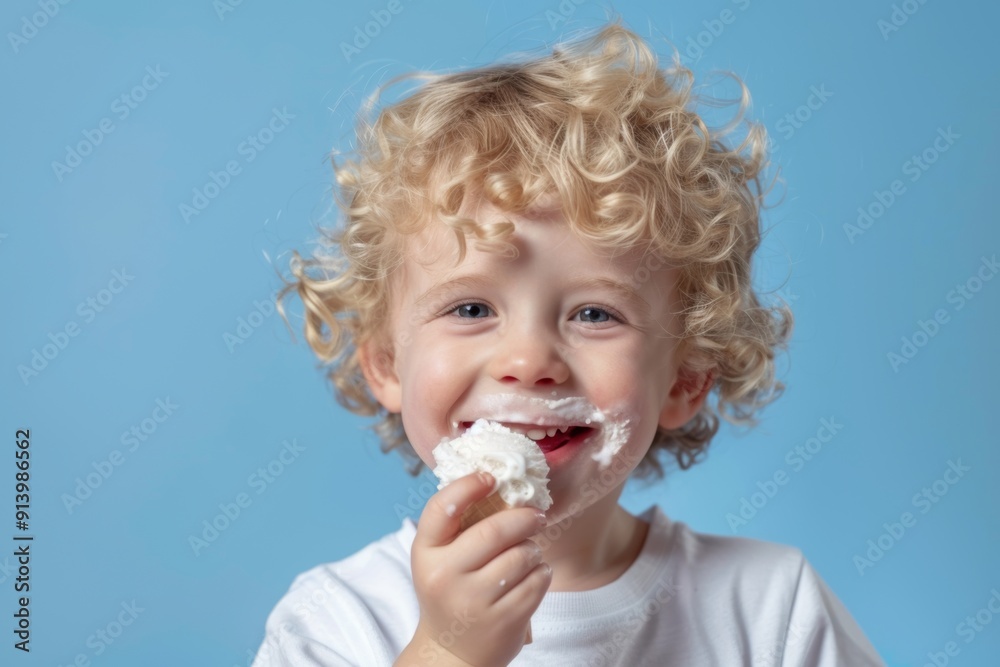 Bright sunlight captures boy curly blond hair and playful smile. Innocent and happy boy curly blond hair smiles warmly. The joy of ice cream shines on this child's face. Bright sunlight captures boy curly blond hair and playful smile. Innocent and happy boy curly blond hair smiles warmly. The joy of ice cream shines on this child's face.