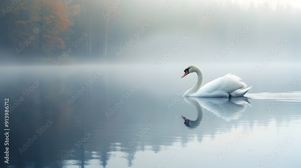 Elegant Swan Gliding Across Serene Misty Lake with Reflected Beauty Elegant Swan Gliding Across Serene Misty Lake with Reflected Beauty
