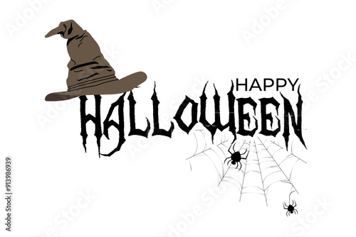 Greeting text Happy Halloween on a white background. A scary scare hanging on the edge of the text, a web with spiders below the text. Can be used for web or as a banner or poster