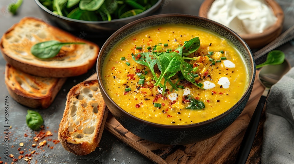 Creamy pumpkin corn soup with spinach, feta cheese and croutons on a dark background Creamy pumpkin corn soup with spinach, feta cheese and croutons on a dark background