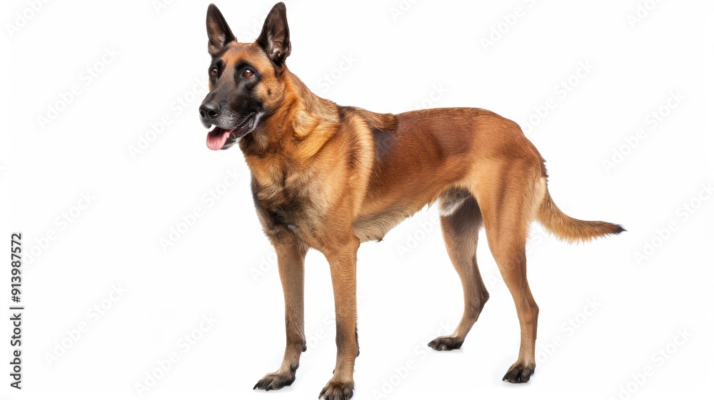 Full length belgian shepherd dog standing on a white background looking away with mouth open Full length belgian shepherd dog standing on a white background looking away with mouth open