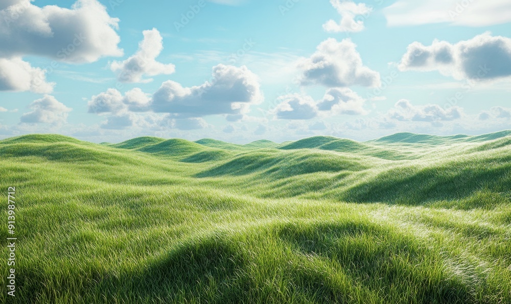 Obraz premium Serene Pastoral Landscape: 4K Wallpaper of Lush Green Meadow on Rolling Hills under Blue Sky with Fluffy Clouds. Idyllic Countryside Scene for Creative Marketing, Agricultural Packaging, and Nature-in