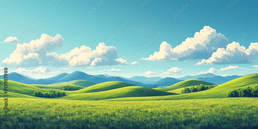 Obraz premium Serene Pastoral Landscape: 4K Wallpaper of Lush Green Meadow on Rolling Hills under Blue Sky with Fluffy Clouds. Idyllic Countryside Scene for Creative Marketing, Agricultural Packaging, and Nature-in
