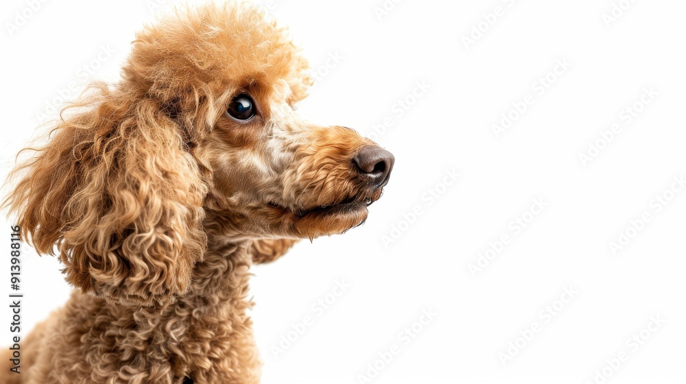 Cute brown toy poodle dog is posing on a white background looking to the side Cute brown toy poodle dog is posing on a white background looking to the side