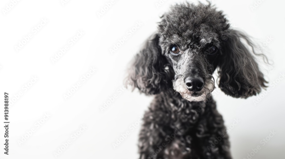 Curious black miniature poodle posing on a white background and gazing at the camera Curious black miniature poodle posing on a white background and gazing at the camera