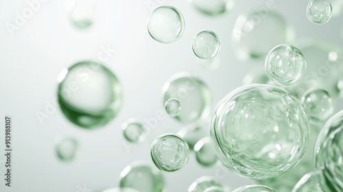 A close up of bubbles and drops, on a green background.