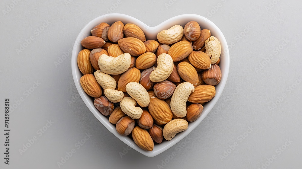 A heart-shaped bowl of mixed nuts, symbolizing a healthy snack, more clarity with clear light and sharp focus, high detailed A heart-shaped bowl of mixed nuts, symbolizing a healthy snack, more clarity with clear light and sharp focus, high detailed