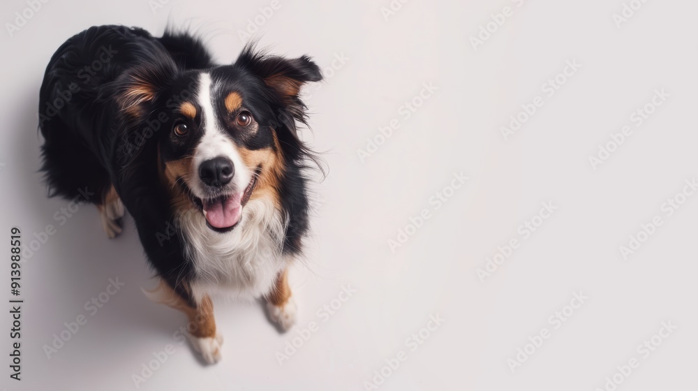 Happy australian shepherd dog sitting on white background and looking up with tongue out Happy australian shepherd dog sitting on white background and looking up with tongue out
