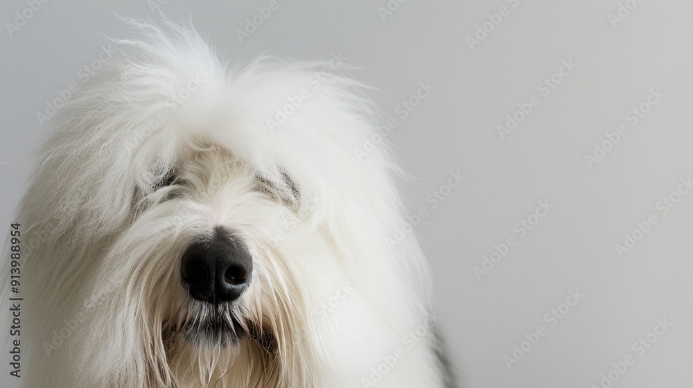 Charming white old english sheepdog posing with a sweet expression against a gray backdrop Charming white old english sheepdog posing with a sweet expression against a gray backdrop
