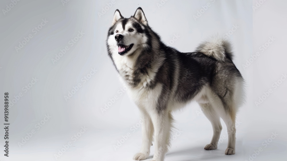 Stunning alaskan malamute dog stands on a white backdrop, gazing upwards Stunning alaskan malamute dog stands on a white backdrop, gazing upwards