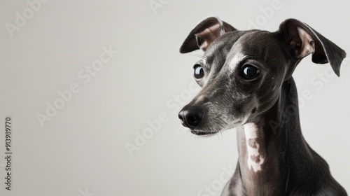 Italian greyhound dog poses with tilted head against minimalist background