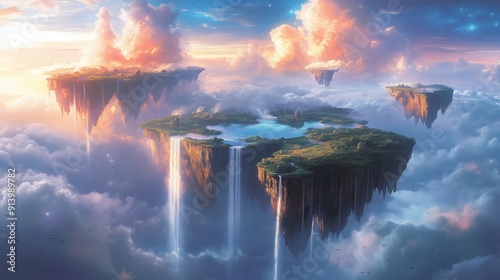 A breathtaking fantasy landscape depicting a series of floating islands suspended in a vibrant, cloud-filled sky. photo