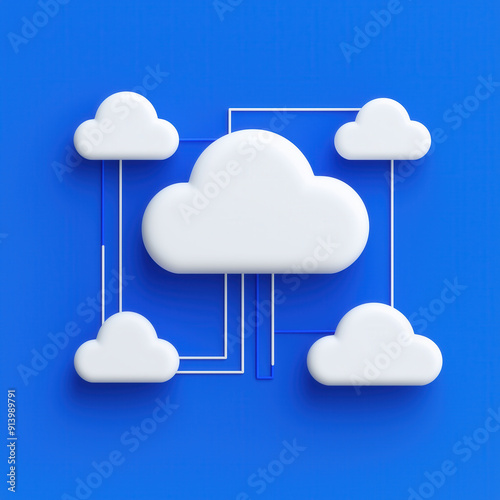 A minimalist graphic of a cloud network on a bright blue background, featuring interconnected white cloud icons.
