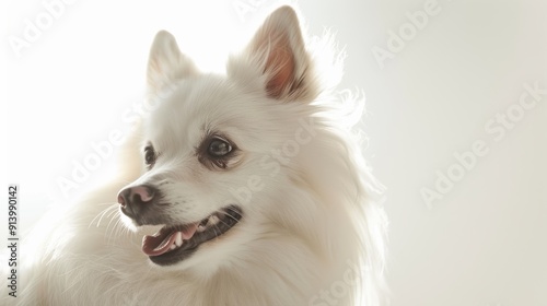 Adorable fluffy white dog panting happily with tongue out, creating a cute furry portrait on a white background