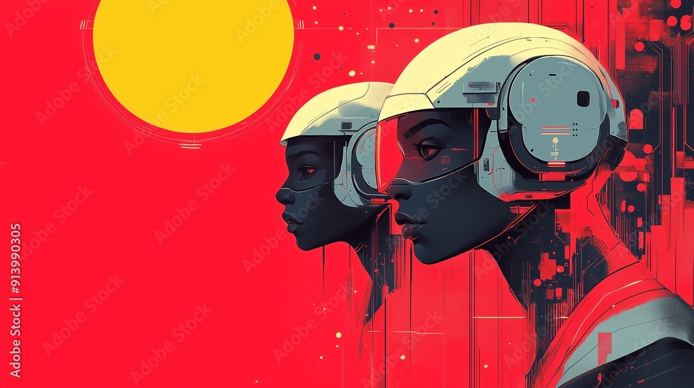 Obraz premium A vibrant digital artwork featuring the side profiles of two female androids with dark skin tones, set against a bold red background.