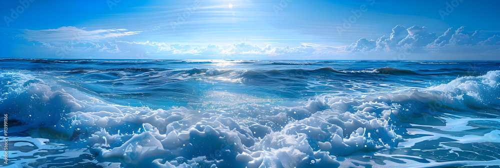 Mesmerizing Ocean Waves Rolling Towards the Shore with Sunlight Reflection and Frothy White Foam - A Tranquil yet Powerful Scene Mesmerizing Ocean Waves Rolling Towards the Shore with Sunlight Reflection and Frothy White Foam - A Tranquil yet Powerful Scene