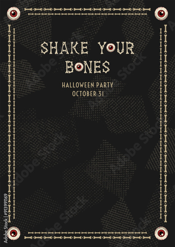 Vintage vertical frame made with red eye ball, bones. Black textured background with copy space. For Halloween, Dia de los Muertos holiday decoration. Template for menu, poster, invitation