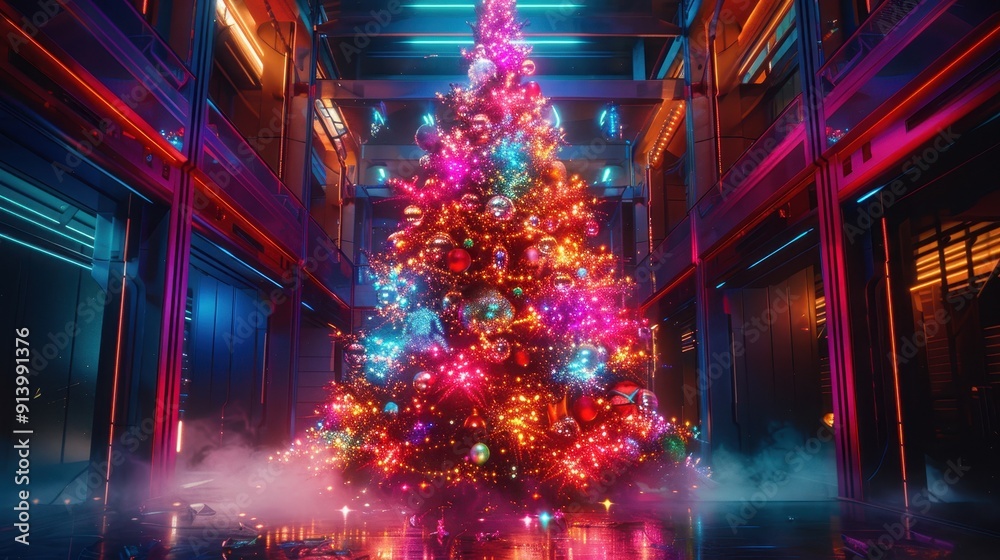 A vibrant, neon-lit Christmas tree with bold, colorful decorations and futuristic elements. A vibrant, neon-lit Christmas tree with bold, colorful decorations and futuristic elements.