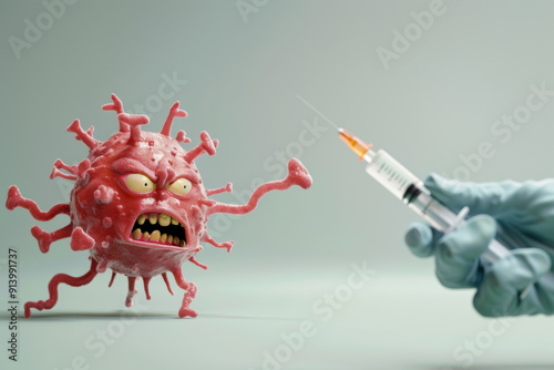 Scared virus character has alarmed expression being approached. Animated anthropomorphic virus faces unexpected confrontation. Virus embodying fear of unknown digital world. photo