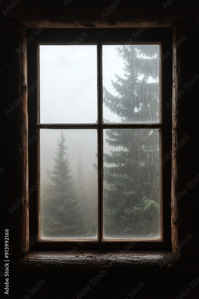 A window on a cozy log cabin, with the silhouette of pine trees outside. A window on a cozy log cabin, with the silhouette of pine trees outside.