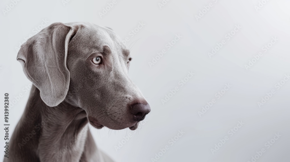 Weimaraner dog posing in a studio portrait, gazing off-camera with a white background Weimaraner dog posing in a studio portrait, gazing off-camera with a white background