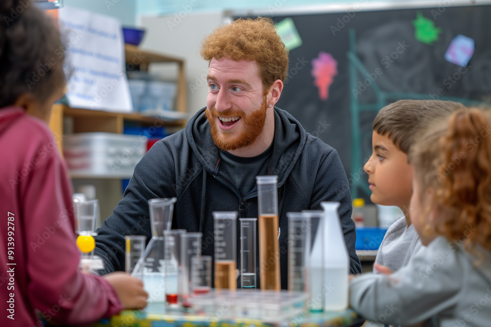 Teacher and students work together to study test tubes in experiment laboratory class. Teacher and students work together to study test tubes in experiment laboratory class.