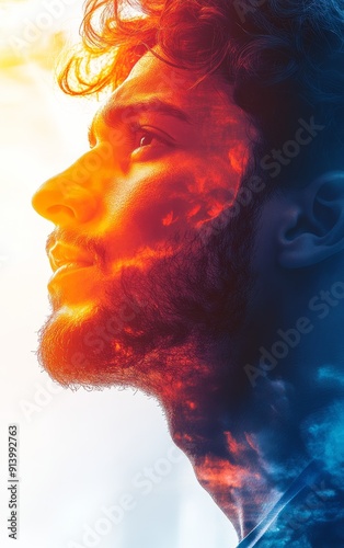 A creative portrait of a man with vibrant colors and abstract patterns representing emotion and introspection.