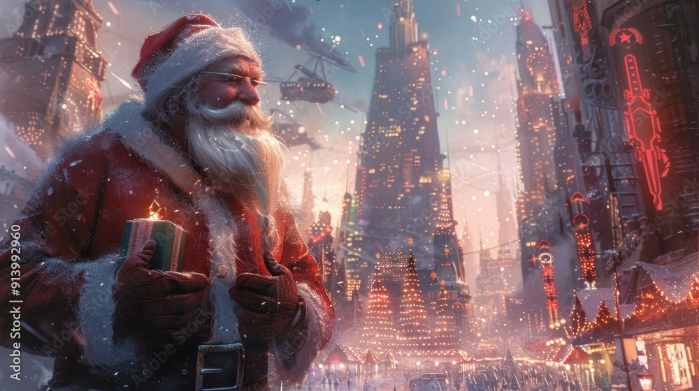 Fototapeta premium Santa Claus delivering gifts in a futuristic cityscape filled with holographic decorations and neon lights 