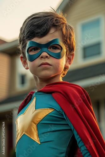 A half-body portrait of a young boy in a superhero costume, striking a heroic pose, with a suburban neighbourhood in the background.