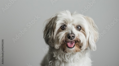 Cheerful white dog with tongue out poses on white background, offering plenty of copy space for pet projects