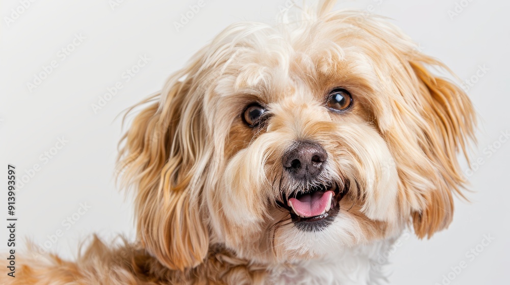 Cute fluffy dog is panting and gazing curiously with its head tilted to the side Cute fluffy dog is panting and gazing curiously with its head tilted to the side