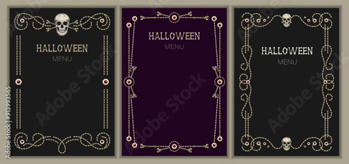Set of vintage frames made with bones, skull, creepy eyes. Good for Halloween, Dia de Muertos holiday decoration. Template for menu, poster, invitation etc Not AI