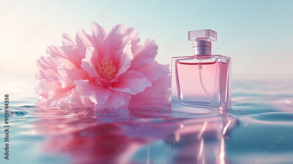 A perfume bottle with a pink flower on the surface of water. A perfume bottle with a pink flower on the surface of water.