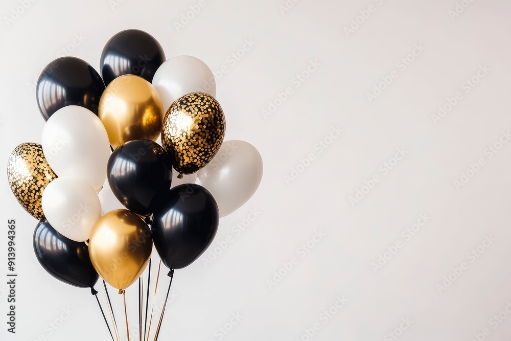 Stylish balloon arrangement with a mix of gold, black, and white. Premium design for birthday celebration background and copy space with generative ai Stylish balloon arrangement with a mix of gold, black, and white. Premium design for birthday celebration background and copy space with generative ai
