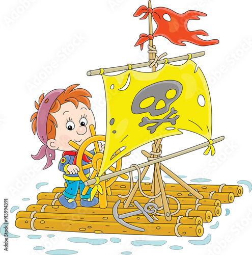 Happy little boy playing sea pirate with a sail with Jolly Roger and a toy wooden steering wheel, vector cartoon illustration isolated on a white background