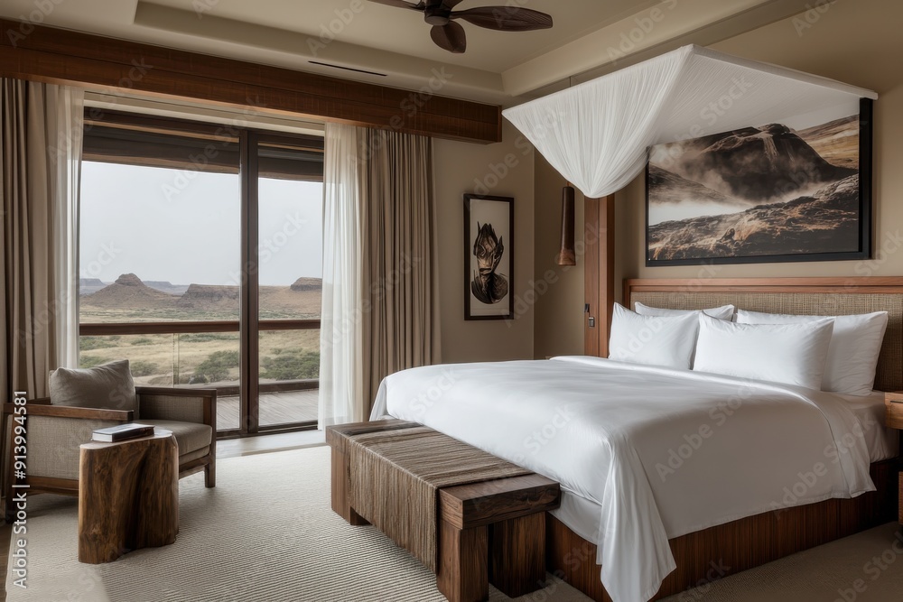 A luxurious hotel bedroom is displayed with a large window providing a panoramic view of a desert landscape, featuring modern decor and a comfortable setting. A luxurious hotel bedroom is displayed with a large window providing a panoramic view of a desert landscape, featuring modern decor and a comfortable setting.