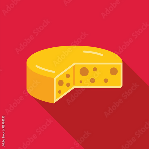 Simple colorful flat icon of a swiss cheese wheel with a slice cut out on a red background with a long shadow