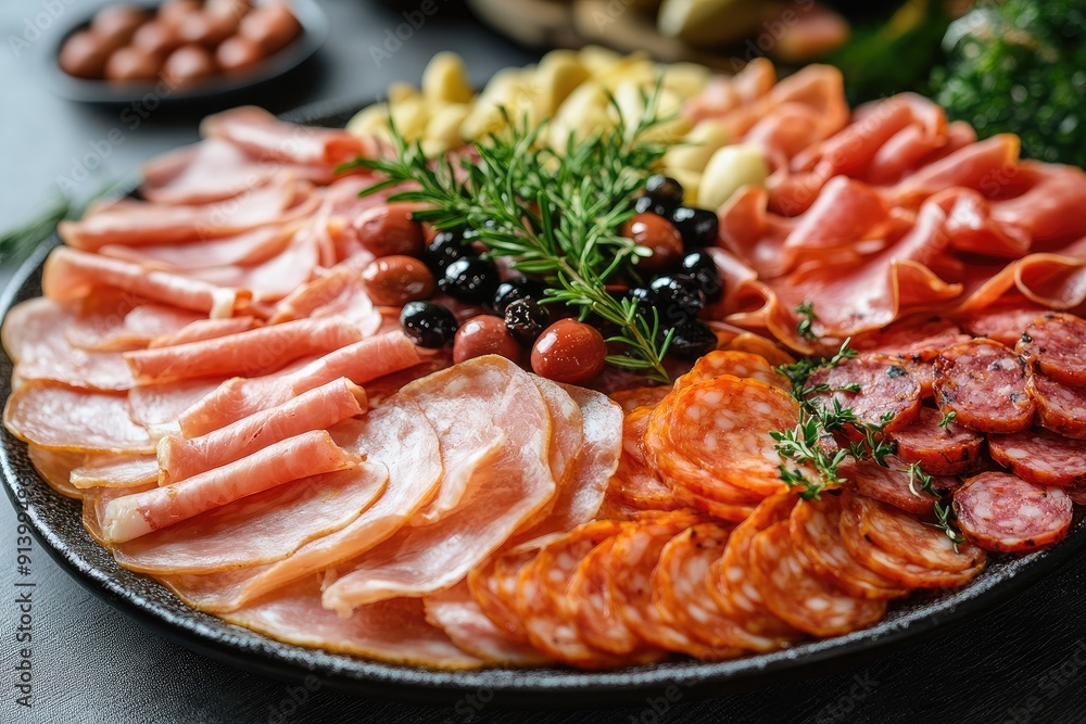 Wooden platter presenting variety of delicious cured meat delicatessen Wooden platter presenting variety of delicious cured meat delicatessen