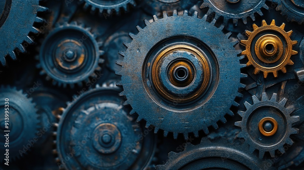 Closeup of interlocking industrial gears forming intricate mechanism Closeup of interlocking industrial gears forming intricate mechanism