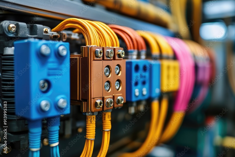 New server rack with colorful electrical cables connected to power supply New server rack with colorful electrical cables connected to power supply