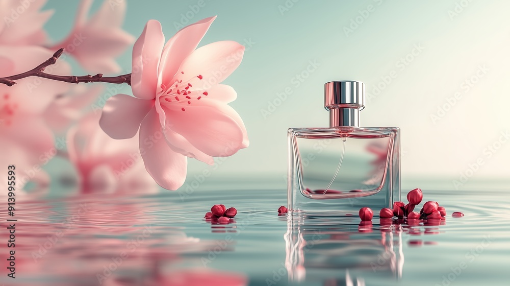 A perfume bottle with a pink flower on the surface of water. A perfume bottle with a pink flower on the surface of water.