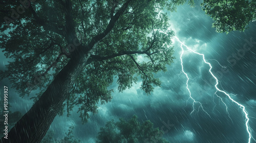 Summer thunderstorms bring strong winds, lightning, and heavy downpours. Trees may sway violently and even fall due to the force of the storm. photo