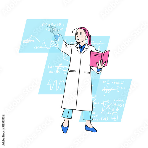 本を片手に数式を書く女性のイラスト　論理学者