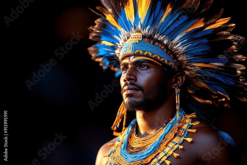 A close-up photograph of a man with dark skin wearing a traditional headdress made of blue and orange feathers. The headdress is adorned with intricate beadwork and the man has a focused, contemplativ