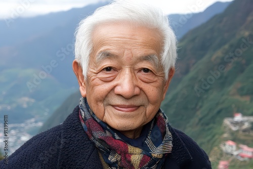 A smiling elderly man with short white hair, wearing a dark jacket and a multicolored scarf. The background features misty mountains with a village in the distance. The man’s face is full of warmth an