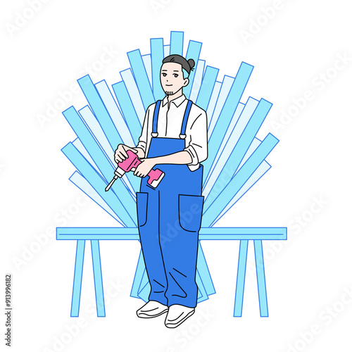 インパクトドライバーを持ちDIYをする男性のイラスト　巨匠