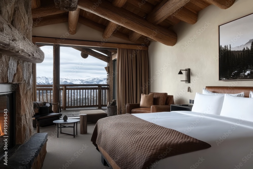 This rustic bedroom boasts wooden beams, a comfortable bed, and a stone fireplace, with a scenic mountain view visible through large glass doors. The room exudes warmth and charm. This rustic bedroom boasts wooden beams, a comfortable bed, and a stone fireplace, with a scenic mountain view visible through large glass doors. The room exudes warmth and charm.