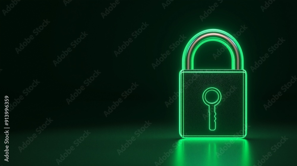 Fototapeta premium A glowing green padlock symbolizing digital security and protection in a modern, futuristic setting.